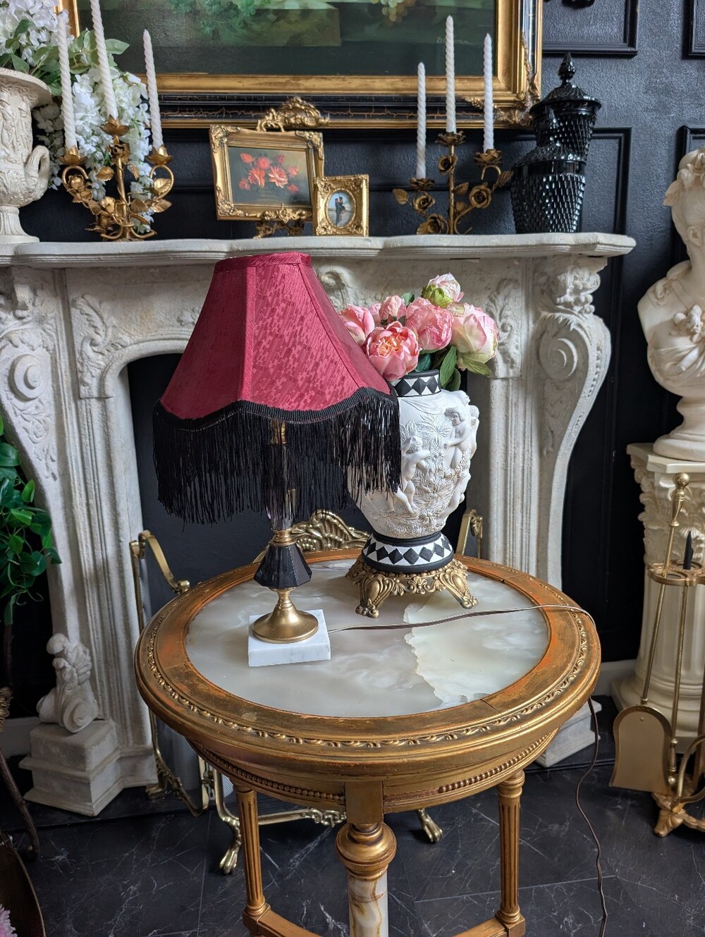Vintage Hollywood Regency Burgundy Black Fringe Shade Smoky Crystal Table Lamp,